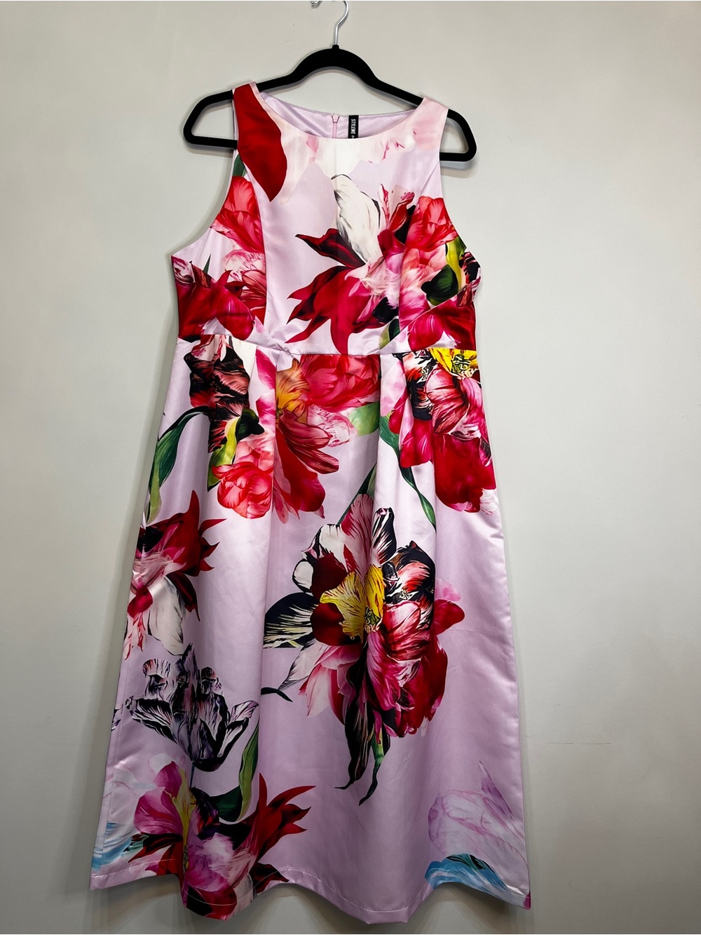 Pink Floral A-Line Dress with Red and Green Blooms
